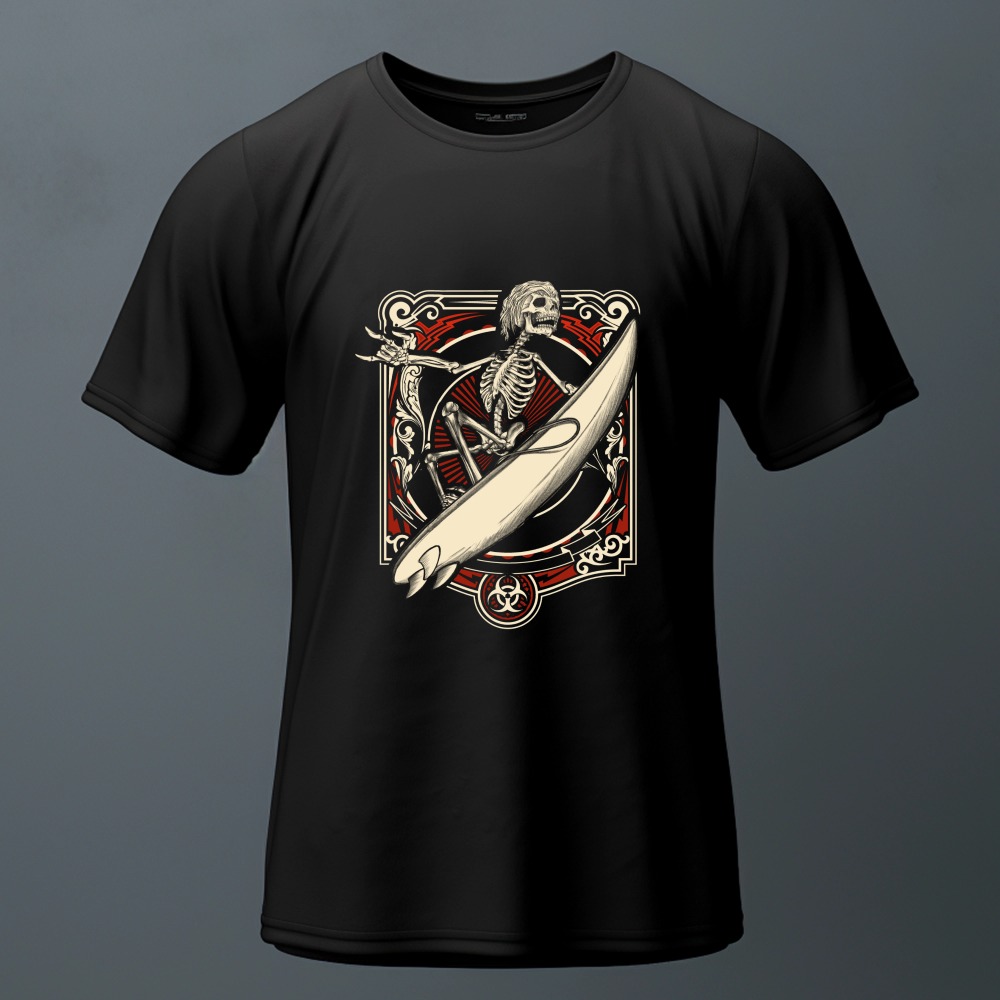 Skeleton Surfer Biohazard Dark Art Graphic T-Shirt