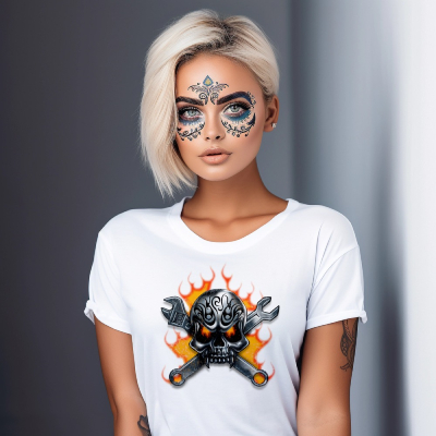Flaming Skull & Wrenches White T-Shirt