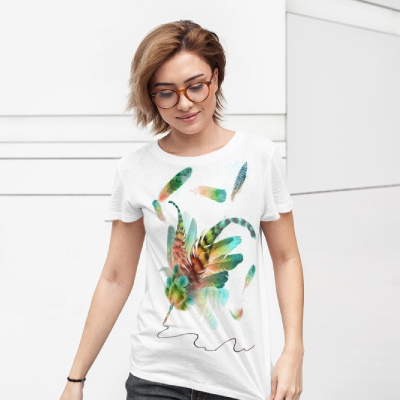 Watercolor Feather Bird Graphic T-Shirt – White