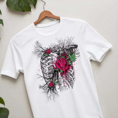 Floral Ribcage Anatomy Graphic T-Shirt – White