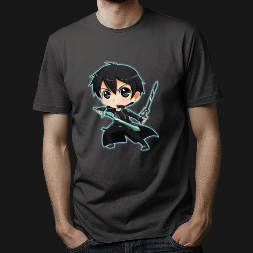 Anime Sword Warrior Graphic T-Shirt – Black Chibi Action Tee