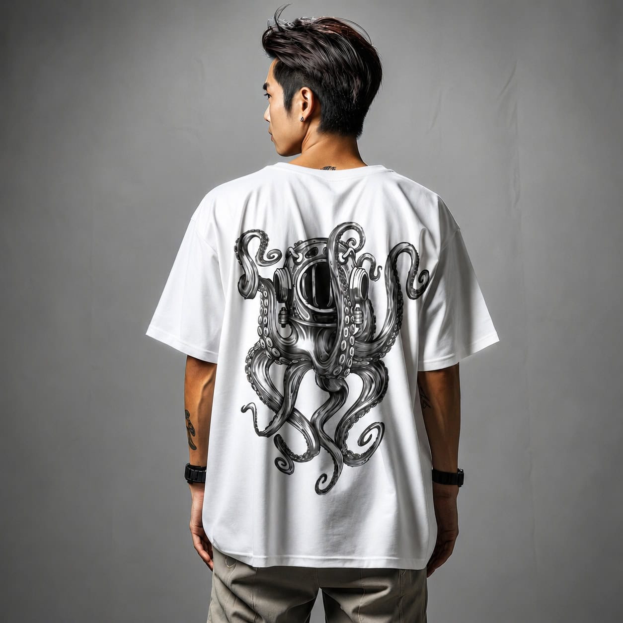 Deep Sea Diver Octopus Back Print Oversized T-Shirt