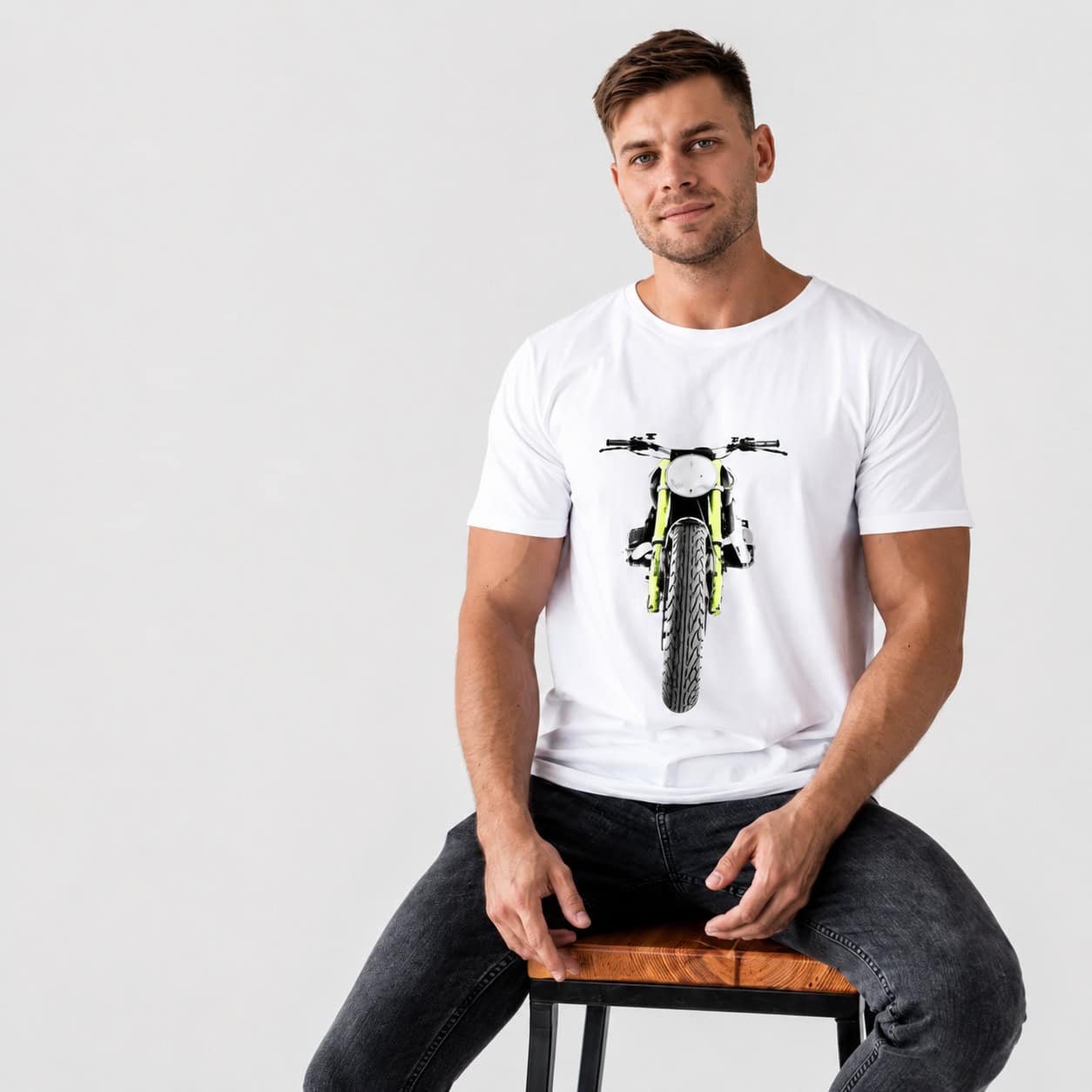 Vintage Motorcycle Front View Graphic Printed White T-Shirt
