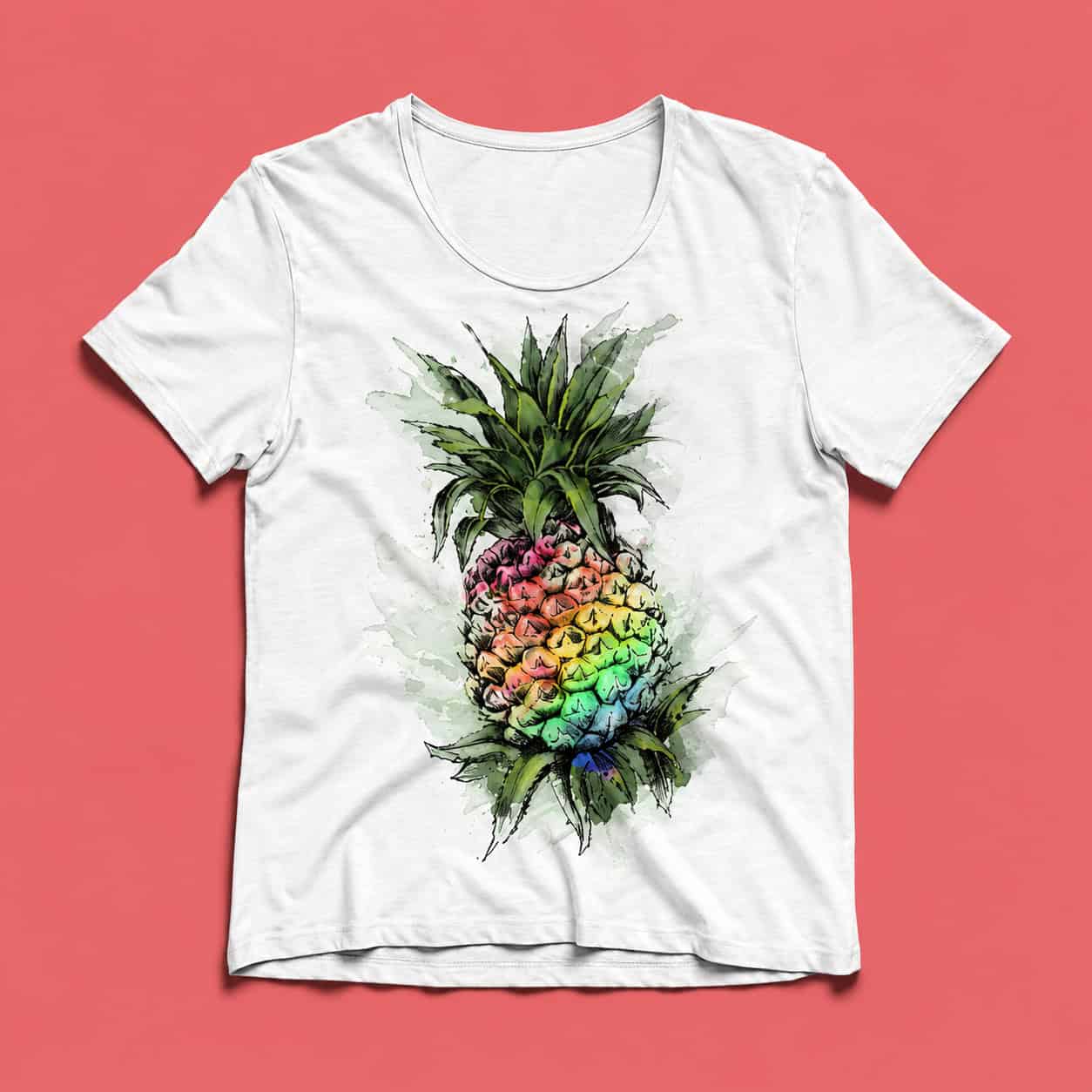 Color Splash Pineapple Graphic White T-Shirt