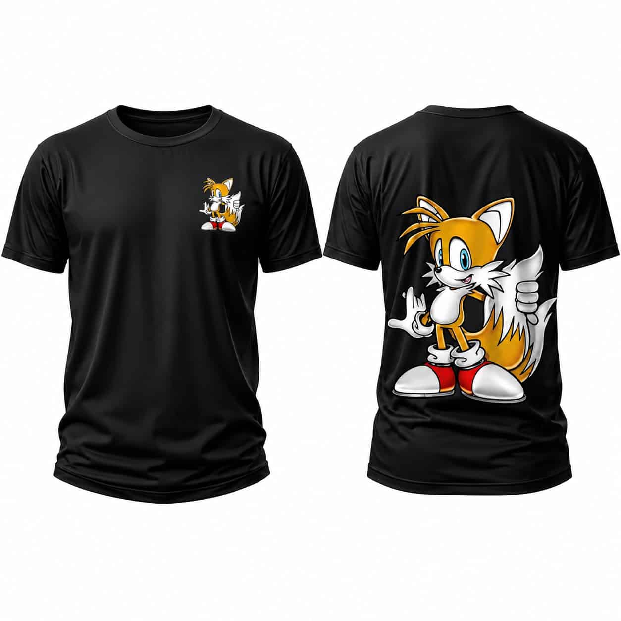 Cartoon Fox Character Front & Back Print T-Shirt – Black Graphic Tee