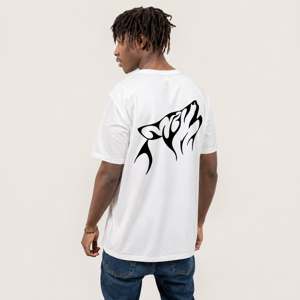 Tribal Howling Wolf Oversized T-Shirt – White