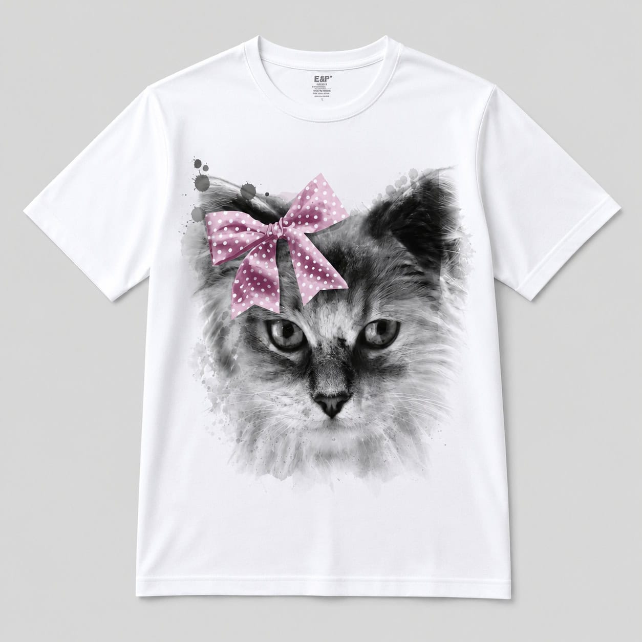 Pretty Kitty Pink Bow Watercolor Graphic T-Shirt