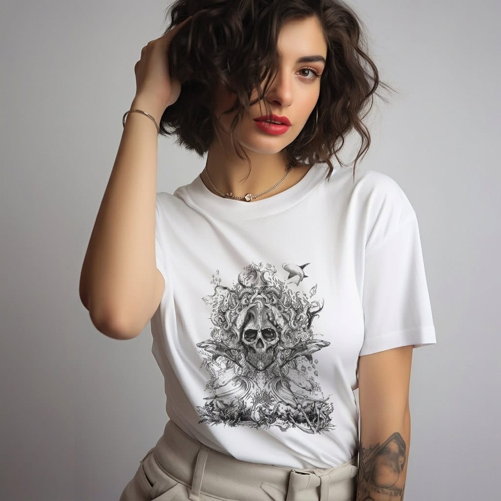 Ocean Skull Etching Art Graphic T-Shirt