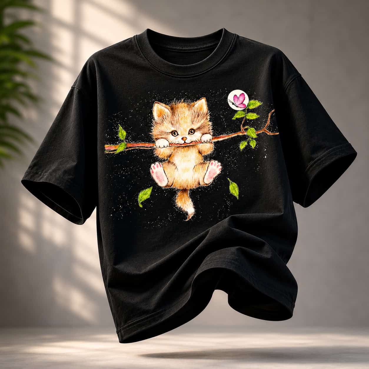 Hanging Kitten Branch Oversized Graphic T-Shirt — Black Edition