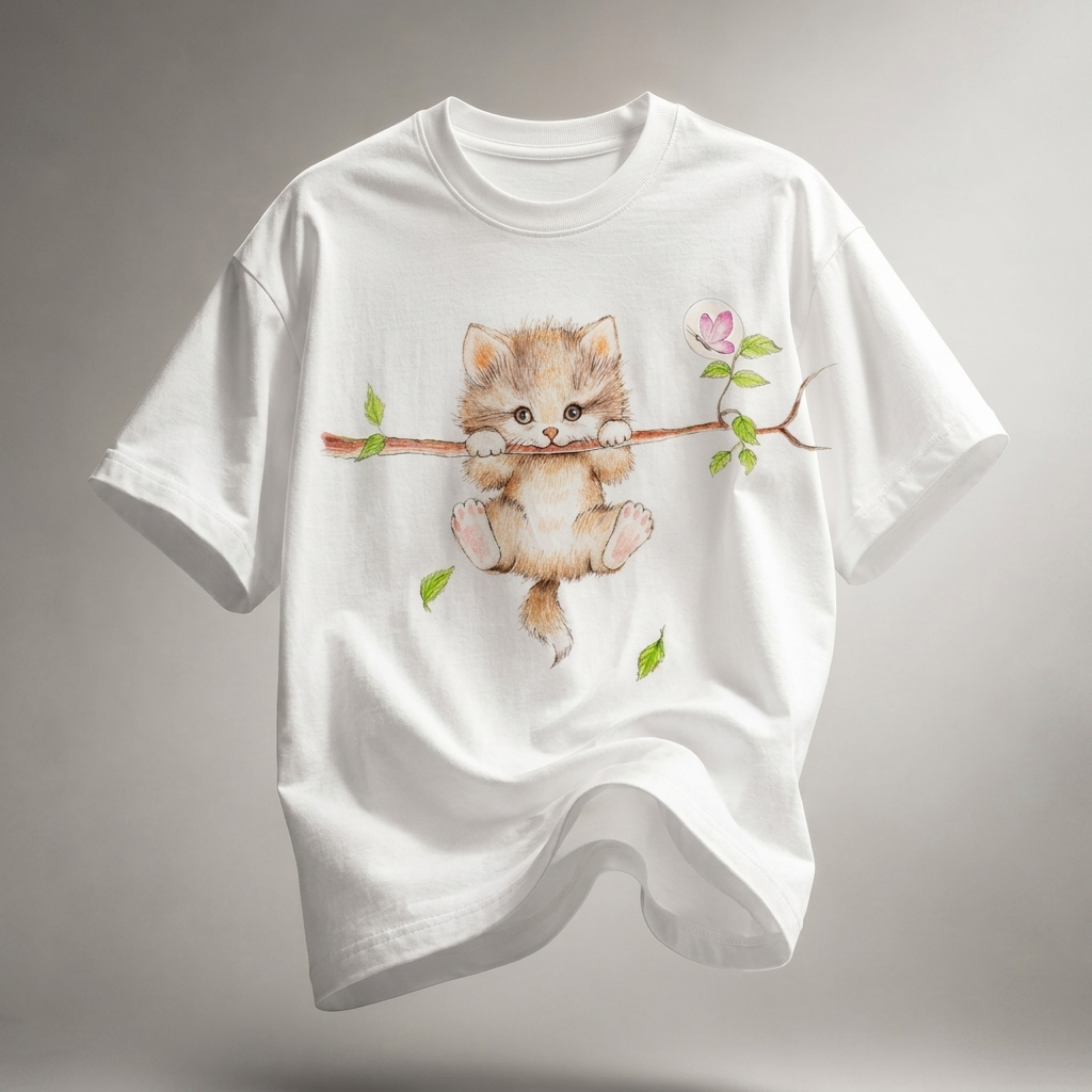 Hanging Kitten Branch Oversized Graphic T-Shirt
