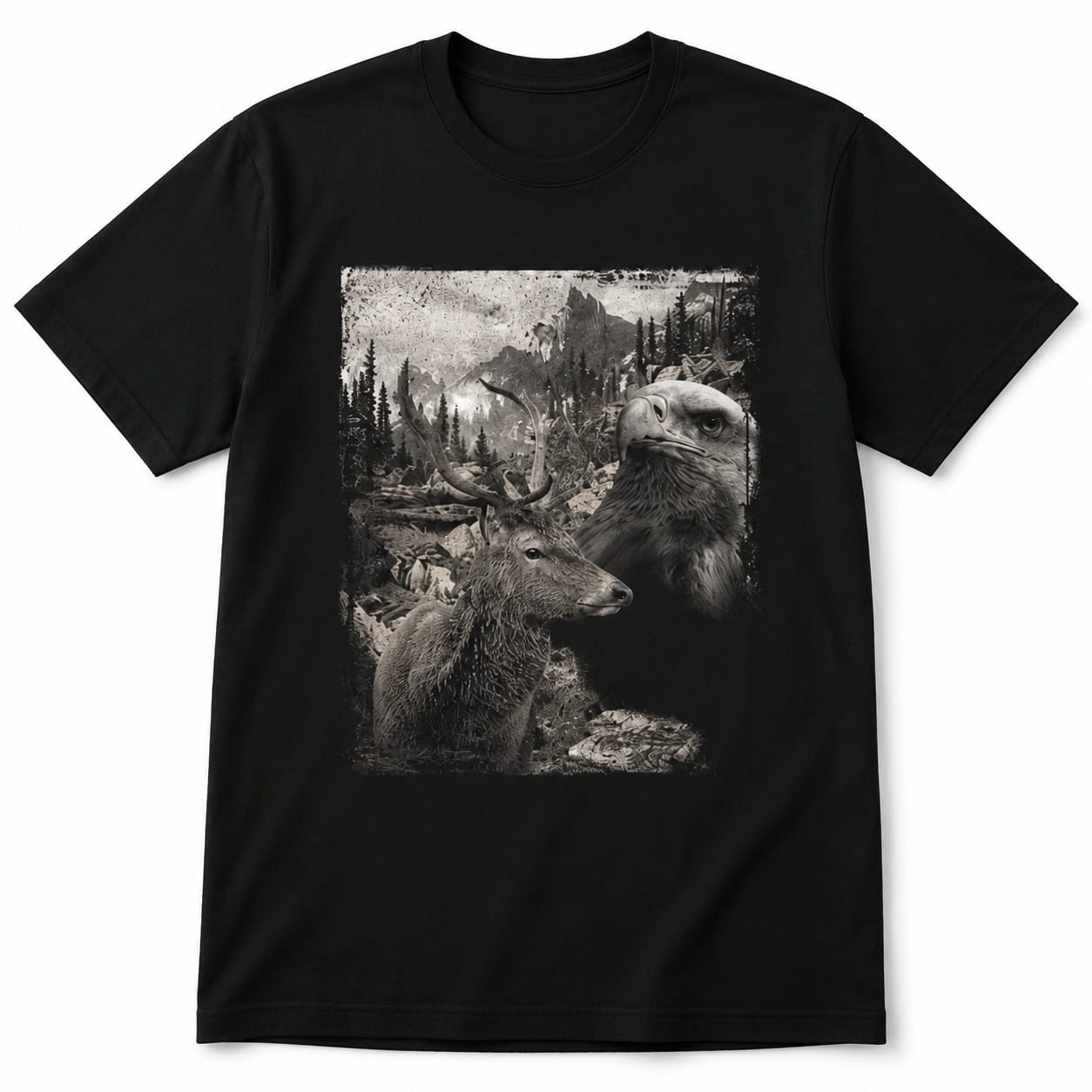 Wildlife Forest Graphic T-Shirt – Nature & Animal Art Black Unisex Tee